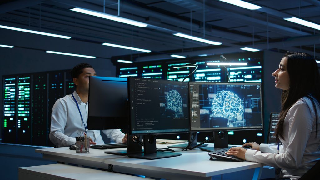 team engineers using ai tech computer checkup server room - Magainepanda.com
